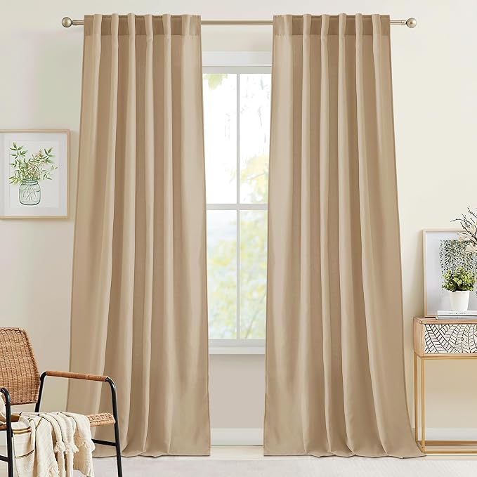 RYB HOME Boho Curtains 90 inches Long, Soft Linen Woved Lightweight Back Tab Light Filtering Fabric Shades for Dining Room Guest Room, W 52 x L90 inches, 2 Panels Set