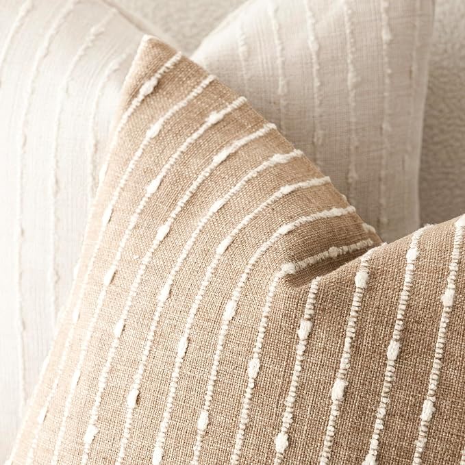 Foindtower Pack of 2 Decorative Jacquard Boucle Throw Pillow Covers Accent Textured Striped Pillowcases Soft Cozy Boho Modern Cushion for Couch Sofa Bedroom Living Room Home Decor 22x22 Inch Camel