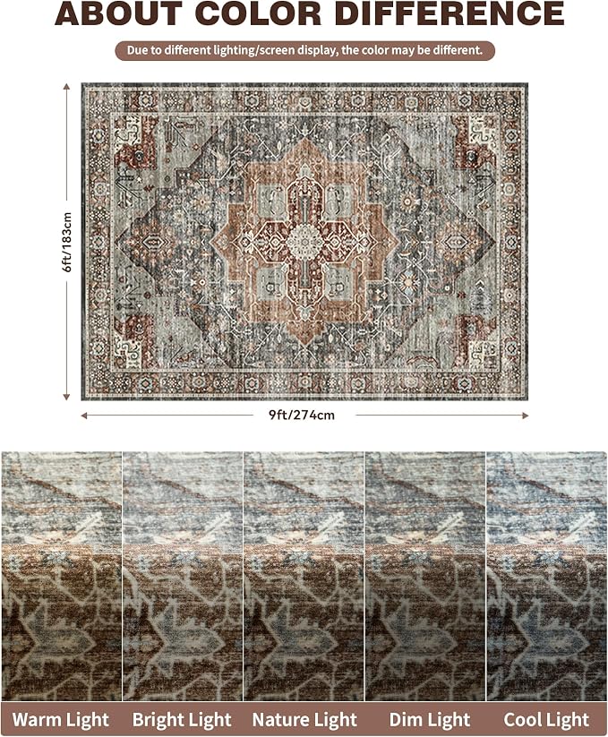 Roxstand 6x9 Washable Area Rug, Non Slip Living Room Rug Grey/Brown/Tan | Low Pile Vintage Rug, Stain Resistant, Non-Shedding Design, Pet & Kid Friendly, Carpet for Bedroom, Dining Room Office