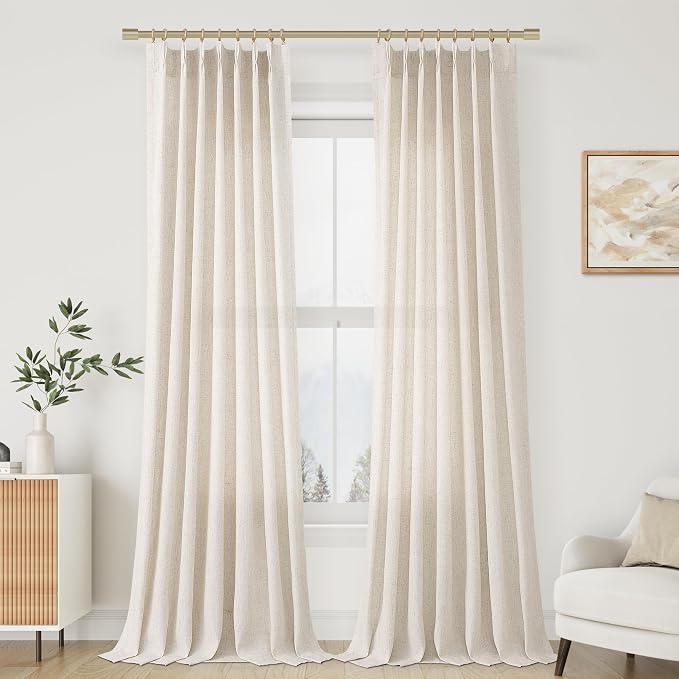 Aersas Natural Pinch Pleat Linen Curtains 98 Inch Length 2 Panels Set for Bedroom Dining Room Semi Sheer Linen Boho Farmhouse Neutral Window Curtains for Living Room Nursery Natural Cream 40x98