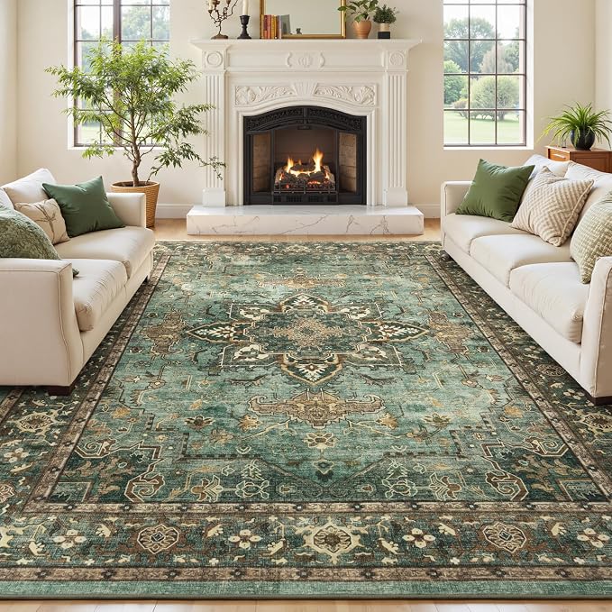 8x10 Green Brown Large Area Rugs for Living Room - Boho Medallion Aesthetic Distressed Washable Rug, Soft Non-Slip Backing Low Pile Carpet for Dining Under Table, Bedroom, Office