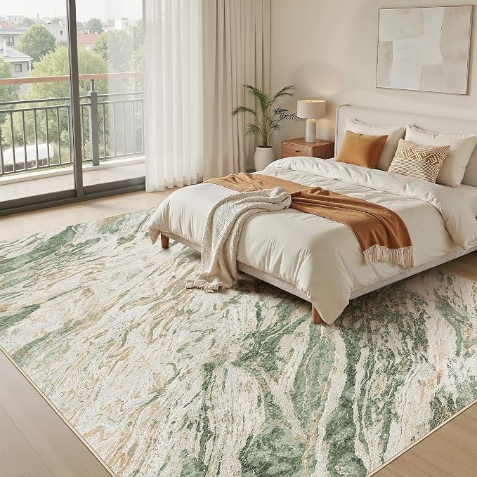 Area Rugs for Living Room: 12X15 Abstract Washable Rug Modern Neutral Large Soft Stain Resistant Non-Slip for Bedroom Dining Room Indoor Home Office Carpet - Green Brown