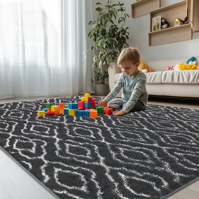 Fluffy Rug for Bedroom, Soft 4x6 Grey Shag Plush Geometric Area Rugs | Modern Grey and White Rug, Non Slip Carpet for Living Room, Aesthetic Home Decor, Fuzzy Floor Mat for Nursery Teen Dorm