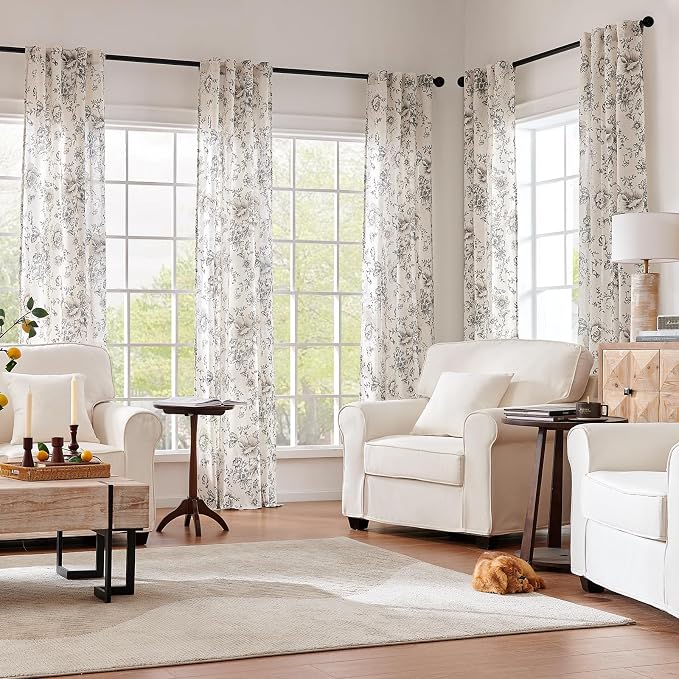 jinchan Black Floral Linen Curtains 96 Inch Farmhouse Back Tab 2 Panels | Light filtering drapes, semi sheer, farmhouse, cottagecore, rustic, living room, bedroom, rod pocket, window treatment