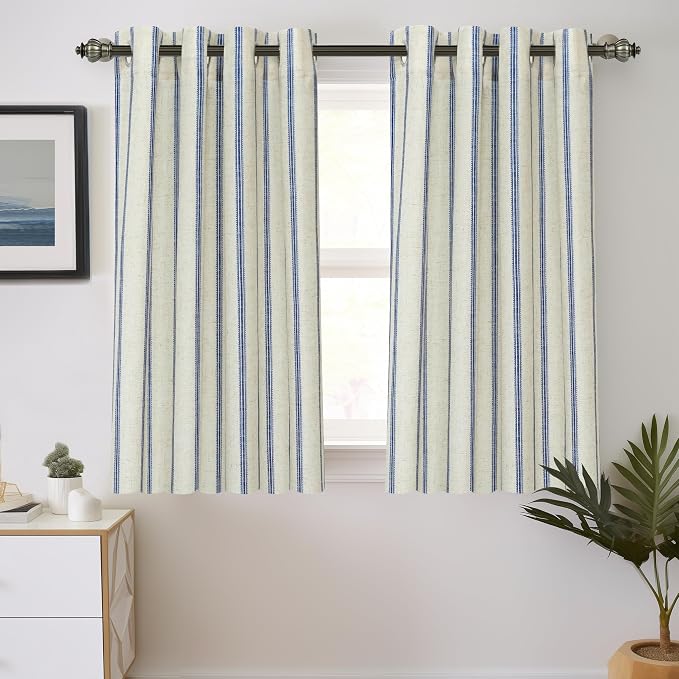 DriftAway Farmhouse Stripe Blackout Curtains, Grommet, W52xL45, Navy Blue | Blackout, Linen Texture, Stripe Pattern, Rod Pocket & Back Tab, Two Layers, Bedroom Living Room Use, Sound Reducing Design