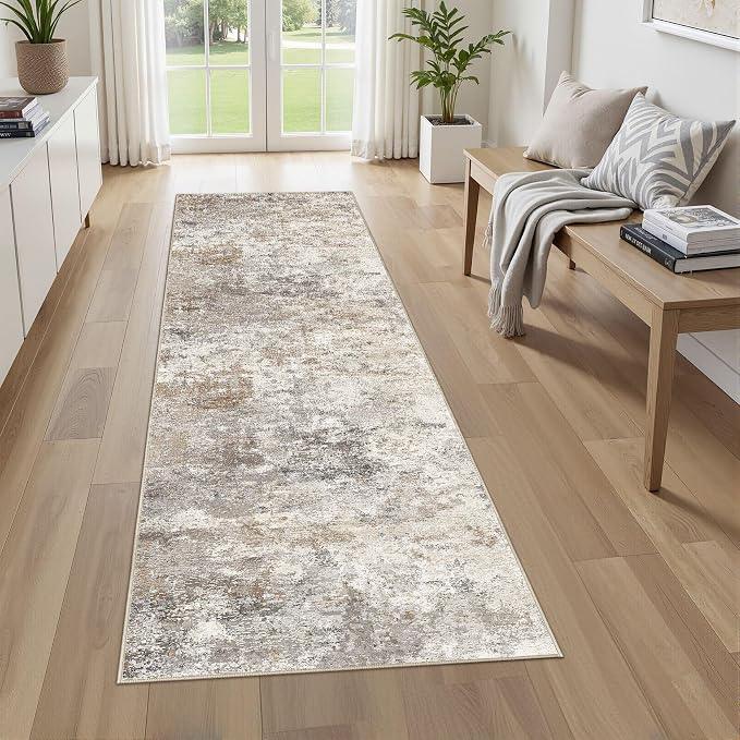 UERMEI 3x8 Washable Runner Rug for Hallway, Non Slip Low Pile Kitchen Carpet, Neutral Modern Abstract Indoor Floor Mat for Entryway Laundry, Kid & Pet Safe High Traffic Area, Brown Grey