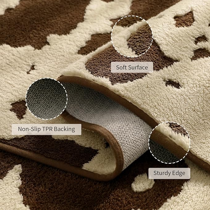 YIHOUSE Cowhide Area Rugs 6×9 Ft, Washable Plush Soft Brown and Cream Cow Rug, Non-Slip High-Low Pile Animal Carpet for Living Room, Bedroom, Dining Room, Nursery, Western Home Decor