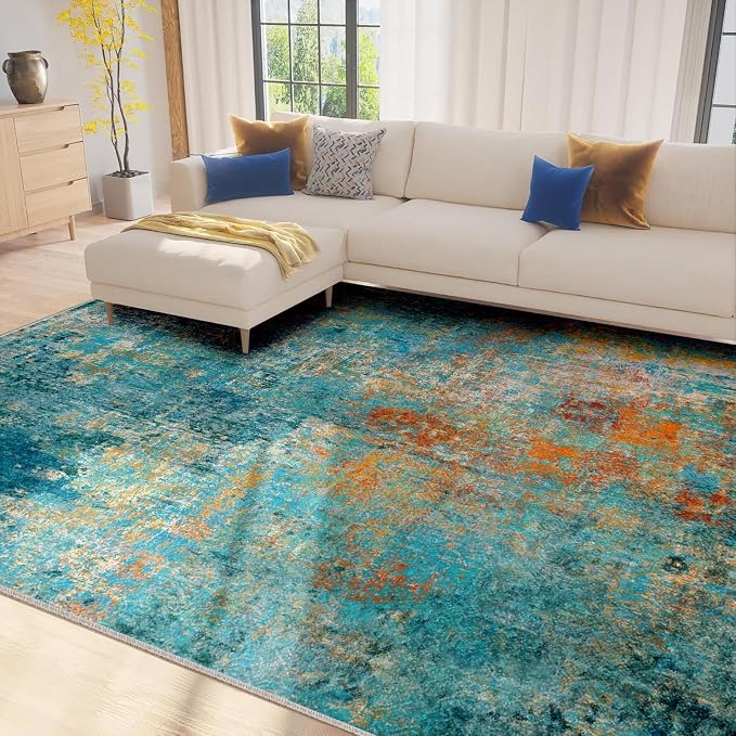 RELEANY Washable Area Rugs 7'x9' Non-Slip Modern Abstract Soft for Living Room Entryway Bedroom Kitchen, Print Pattern, Teal Blue Green Orange Rust Red Coloreful