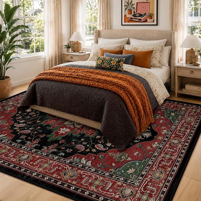RELEANY Area Rugs 5'x7' Washable Non-Slip, Floral Vintage Distress Medallion Carpet for Living Room Bedroom Dining Room, Red Black