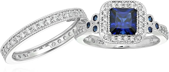 Amazon Essentials Platinum or Gold Plated Sterling Silver Antique Ring set with Asscher-Cut Infinite Elements Cubic Zirconia