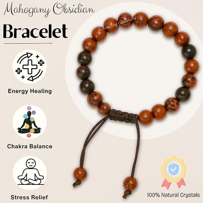 Amazing Gemstone Mahogany Obsidian Bracelet for Women Men's Gifts - Protection Healing Crystal Bracelet - 8mm Gemstones Beaded Adjustable Bracelet Pulseras para Hombres Mujer Stocking Stuffers