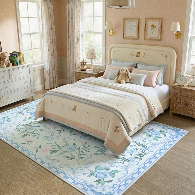 Collive Blue Floral Rugs for Girls, 5x7 Washable Bow Area Rug for Living Room, Cute Ultra-Thin Non Slip Indoor Decor Carpet for Nursery Kids Room Bedroom Playroom (Blue 5' x 7')