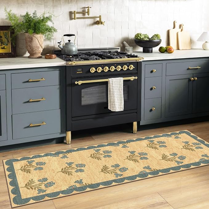 Non Slip Washable Kitchen Runner Rug - 2x6 Blue Floral Hallway Runner Rugs Soft Boho Runners for Hallways Jute-Look Farmhouse Scalloped Rugs for Bedroom Entryway Foyer Laundry Room Bathroom