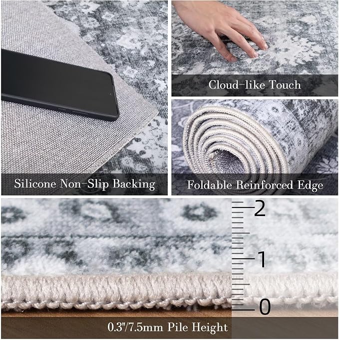 Washable 4x6 Rugs, Boho Vintage Non-Slip Distress Rugs, Grass Green | 0.3" Neutral Throw Rugs for Bedroom Kitchen Nursery Living Room, Cushioned Area Rug for High-traffic