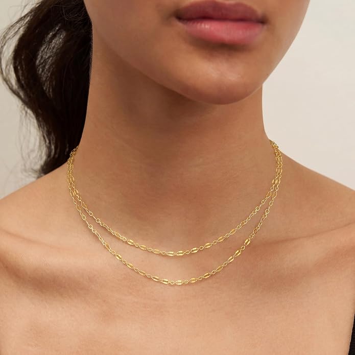 Tewiky Gold Chain Necklace for Women, 14k Gold Plated Thin Beaded Wave Box Necklace Dainty Simple Layered Choker Minimalist Link Chain Necklace Trendy Jewelry for Women