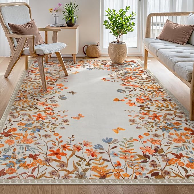Wonnitar 4x6 Washable Area Rug, Orange Floral Rug for Bedroom, Boho Botanical Entryway Rug, Non Slip Soft Kitchen Carpet, Ultra Thin Cottagecore Home Office Decor (4x6 Orange)