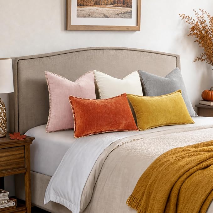 decorUhome Soft Chenille Throw Pillow Covers 12x20 Set of 2 Rust | Fall Textured Decorative Throw Pillow Cases Stitched Edge Modern Farmhouse Luxury Boho Velvet for Couch Sofa Bed Home Decor