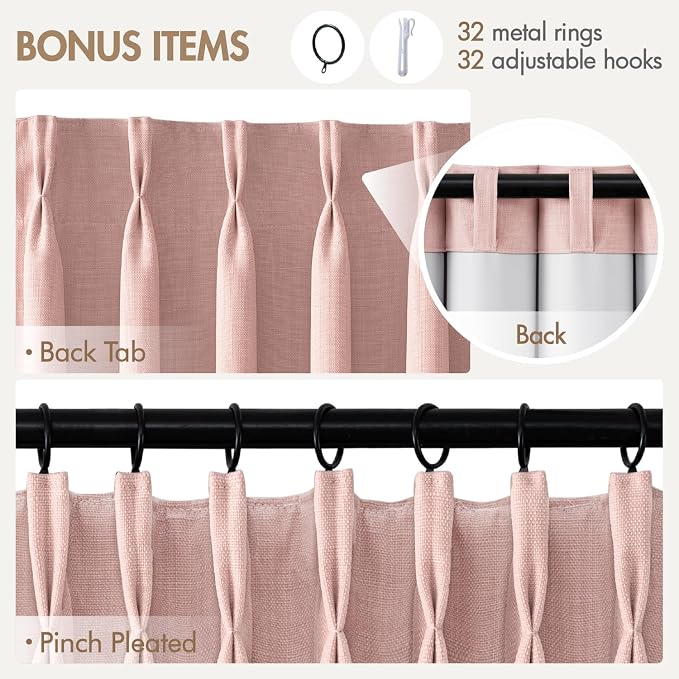 MIULEE Pinch Pleated 100% Blackout Curtains 40"x90" Light Pink 4 Panels Set | Thick Linen, Memory Trained Pleat, Back Tab Double Layer Drapes, Thermal Insulated, Curtain for Bedroom Living Room Darkening