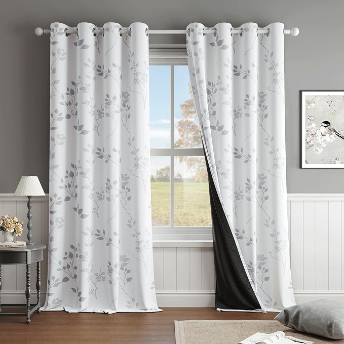 Beauoop Floral 100% Blackout Curtains Bedroom Grey White 52X108 2 Panels | Flower Patterned Room Darkening Drapes for Living Room 108 Inches Long Thermal Insulated Soundproof Window treatment Grommet