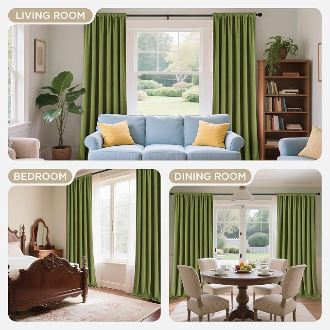 Joydeco 100% Blackout Velvet Curtains Moss Green 108 Inch Back Tab | Luxury Thermal Insulated Velvet Curtains for Bedroom Living Room, Soundproof Blackout Window Drapes