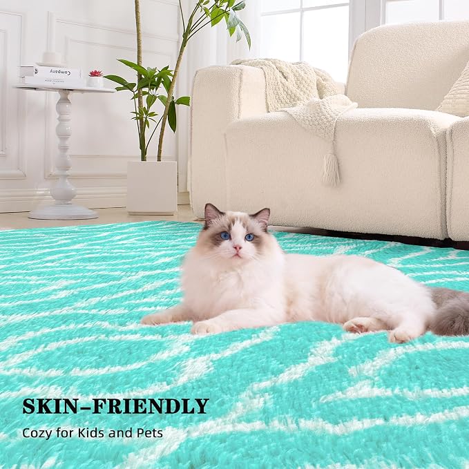 Fluffy Rug for Bedroom, Soft 4x6 Green Shag Plush Geometric Area Rugs | Modern Green and White Rug, Non Slip Carpet for Living Room, Aesthetic Home Decor, Fuzzy Floor Mat for Nursery Teen Dorm