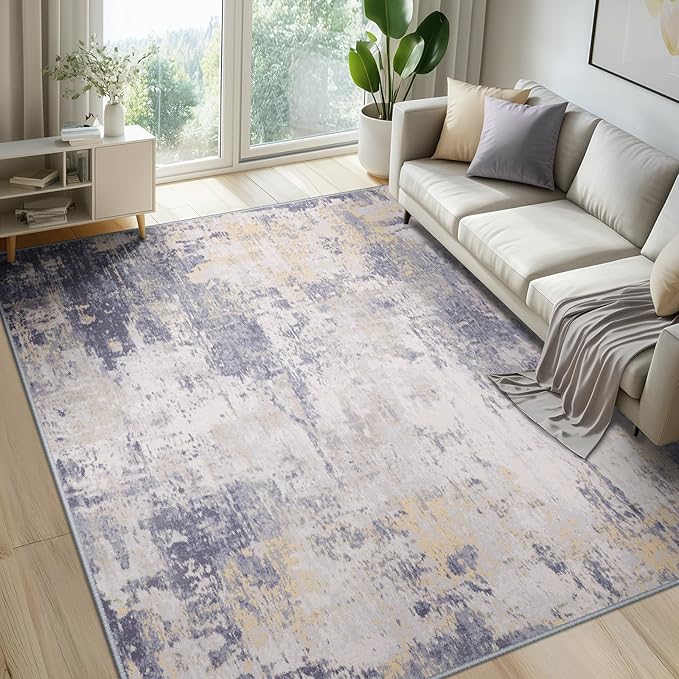 RELEANY Washable Area Rugs 5'x7' Non-Slip Modern Abstract Soft for Living Room Entryway Bedroom Kitchen, Print Pattern, Purple Grey Cream Yellow
