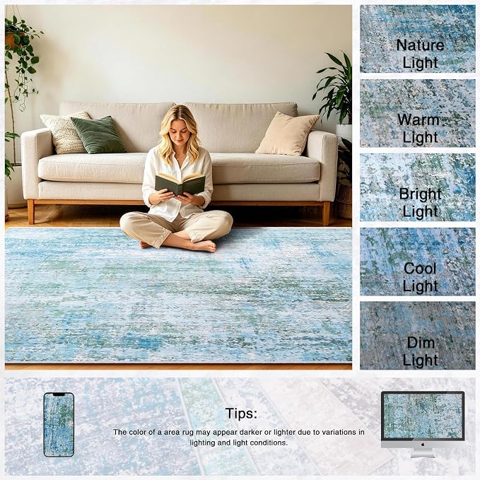 6x9 Area Rugs Living Room Rug Abstract Washable Rug Non-Slip Soft Low Pile Indoor Floor Stain Resistant Thin Carpet for Bedroom Dining Room Home Office Farmhouse Nursery - Dusty Blue & Cream 6' x 9'