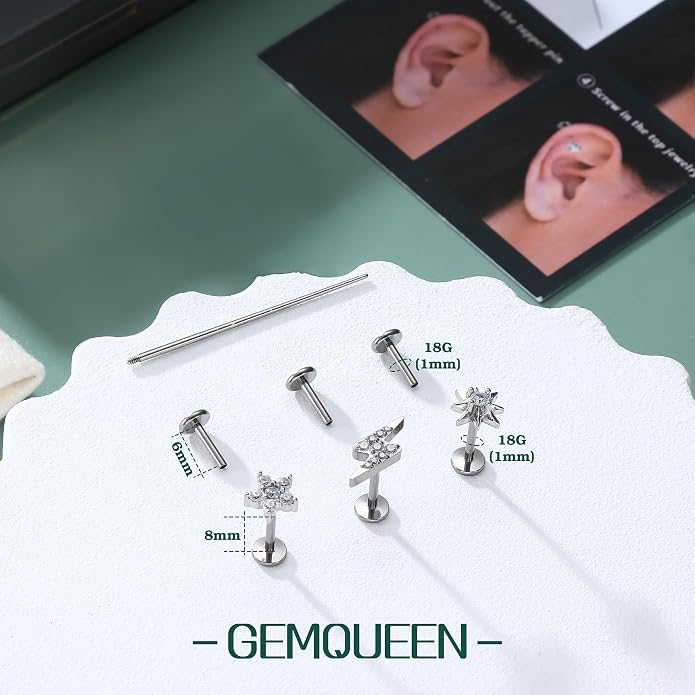 GEMQUEEN G23 Implant Grade Titanium 18G Internally Threaded Flat Back Earrings 5A CZ Studs: 14K Gold Hypoallergenic 3 Pcs Tragus Cartilage Conch Helix Piercing Jewelry for Sensitive Ears Women Men