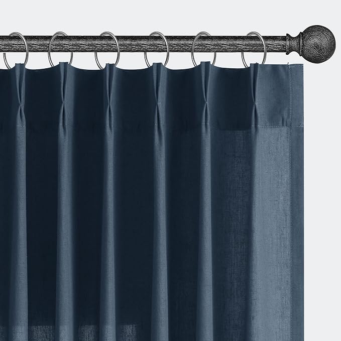 Aersas Denim Blue Pinch Pleated Linen Curtains 84 Inch Length 2 Panels for Living Room Bedroom Semi Sheer Window Curtain Boho Neutral Back Tab Pinch Pleat Drape with Hooks 40x84