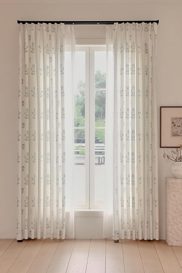 DrapePalette - Linen Blend Pinch Pleated Curtains 102 Inches Long for Living Room, Bedroom, Dining Room, Light Filtering Curtains 1 Panel Set, Modern Floral Printed Design, Antique White 52" W x 102"L
