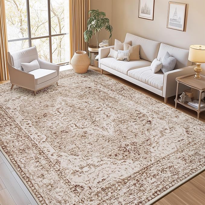 Lofus 9x12 Area Rugs for Living Room, Washable Area Rug, Big Rugs for Bedroom, Kitchen, Vintage Boho Carpet, Soft Non-Slip, Low Pile Large Area Rug for Office Dining Room, Vintage Beige Brown