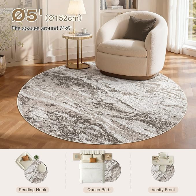 Area Rugs for Living Room: 5ft Round Abstract Washable Rug Modern Neutral Large Soft Stain Resistant Non-Slip for Bedroom Dining Room Indoor Home Office Carpet - Brown