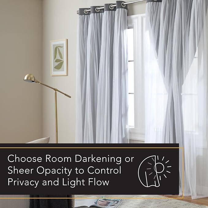TOWN & COUNTRY LUXE Talia Double Layer Indoor Curtains, Sheer and Room Darkening Blackout, Grommet Top, Energy Efficient, 2-Pack Set, 52"x120", Black Pearl