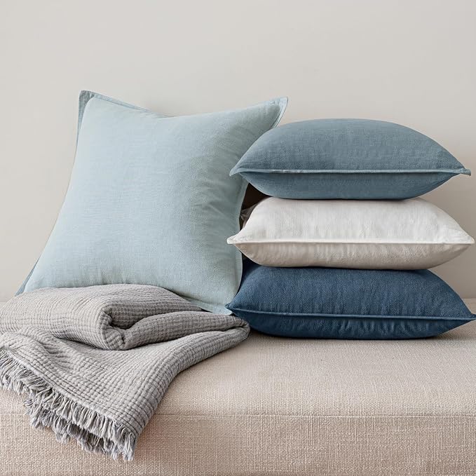 MIULEE Blue Boho Linen Decorative Pillow Covers 18x18 Inch Pack of 4 | Natural Throw Pillow Covers Soft Farmhouse Couch Pillowcases Modern Home Decors for Living Room Bed Sofa