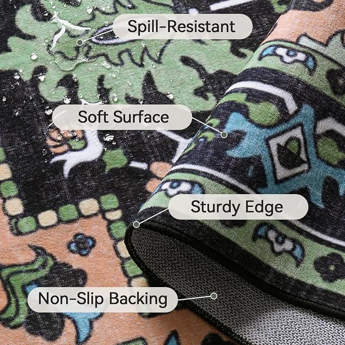 5x7 Area Rugs, Vintage Washable Area Rug for Living Room, Floral Boho Area Rugs for Bedroom, Office, Non-Slip Colorful Rug, Traditional Vintage Style, Plush Low-Pile Soft Carpet, Dark Green