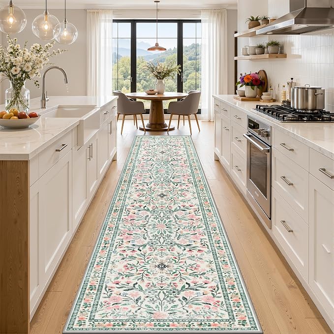 Runner Rug for Entryway: 2.6x14 Kitchen Rugs Non Slip Washable Ultra-Thin Soft Floral Carpet Indoor Floor Stain Resistant Carpets for Hallway Bedroom Kitchen Laundry Bathroom Dorm Green/Beige