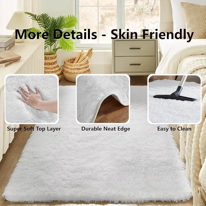 Floralux White Fluffy Rugs for Bedroom Living Room 4x6 Rug, Soft Fluffy Fuzzy Carpet, Shag Plush Carpets for Nursery Kids Room