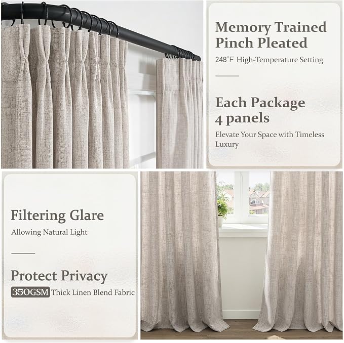 Greyish Brown Linen Sheer 90 Inch Curtains for Sliding Glass Doors 4 Panels Set, Memory Trained Pinch Pleated Light Filtering Country Windows Curtain 90 Inches Long Dining Room Privacy Heavy Drapes