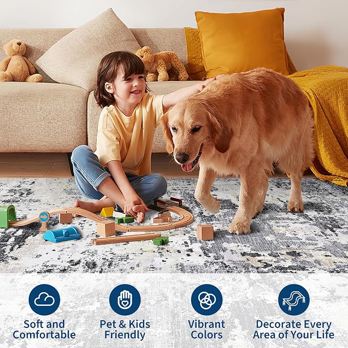 ROYHOME Modern Abstract Area Rug 5x7 Non Slip Non Shedding Rug Low Pile Stain Resistant for Bedroom Living Room,Black Yellow