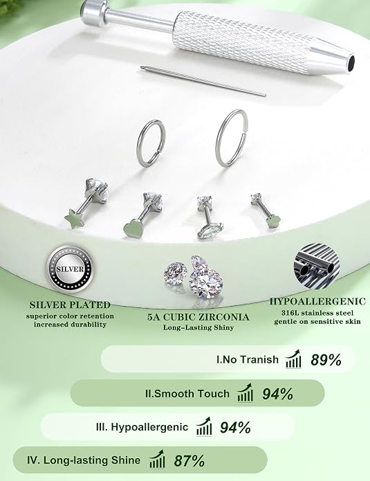 Drperfect 18G Reversible Flat Back Stud Earrings for Women Hypoallergenic Surgical Steel 14K Gold Silver Plated Internal Thread Stud Piercing Jewelry for Tragus Helix Cartilage Conch Piercing