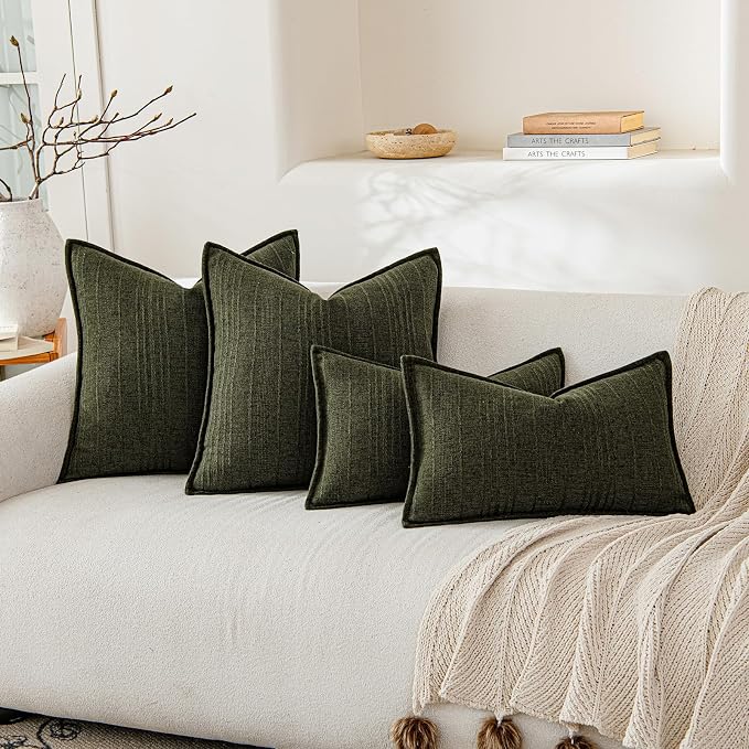 a moment Linen Pillow Covers Set of 2,Boho Farmhouse Throw Pillowcases Neutral Textured Decorative Covers for Couch Sofa,Linen Blend Accent Case Cushion Living Room Home Decor 26"x26"Dark Green
