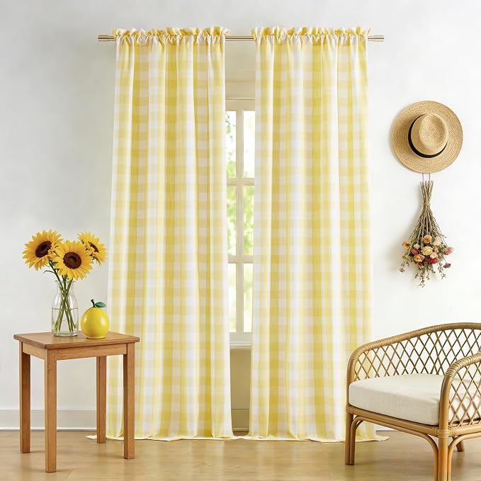 Yellow and White Buffalo Plaid Semi Sheer Curtains 63 Inches Long | Buffalo Check Geo Pattern Drapes,Farmhouse Window Treatment for Bedroom Living Room,Rod Pocket,52"Wx63"L(Pack of 2)