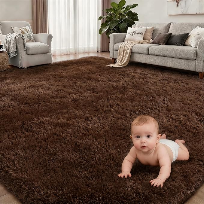 6x9 Area Rugs for Living Room Bedroom: Ultra Soft Fluffy Shag Rug Upgrade Non-Slip Non-Shedding Large Fuzzy Plush Carpet Indoor Floor Carpets for Kids Room Playroom Nursery Dorms Home Decor Brown