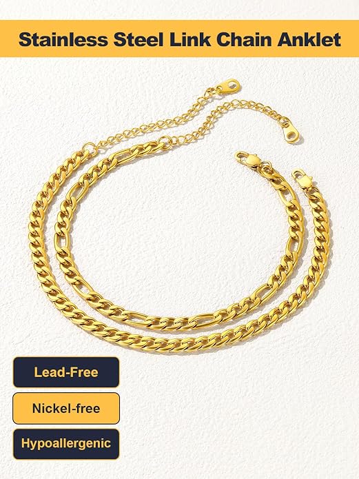 U7 2Pcs/3Pcs Ankle Bracelets for Women, Stainless Steel Cuban Link/Figaro/Rope/Heart Chain Anklets Sets,Waterproof Layered Anklets Adjustable 8.5"-10.5"