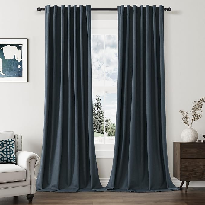 Guken 100% Blackout Linen Curtains 90 Inch Length 2 Panels Set for Living Room Bedroom Back Tab Thermal Insulated Black Out Linen Drapes Room Darkening Window Curtains,Vintage Blue