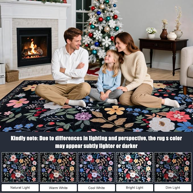Round Area Rug for Living Room: 8 ft Floral Washable Circle Rug Soft Boho Non-Slip Carpet Indoor Floor Stain Resistant Low Pile Small Circular Rug for Bedroom Entryway Kitchen Nursery Black