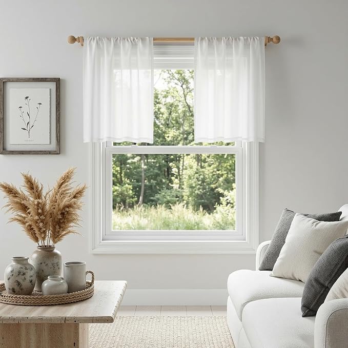 MYSKY HOME Semi Sheer White Curtains 36 Inches Long for Kitchen 2 Panels, Light Filtering Cream Tiers Curtains Rod Pocket Neutral Window Drapes for Bathroom/Cafe/Basement, Pure White, 34 x 36 Inch