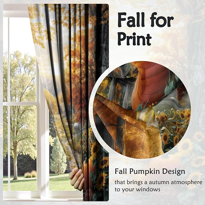 Autumn Country Road Window Curtains 52 x 63 in, Fall Landscape Drapes with Pumpkins, Sunflowers, Trees and Farmhouse Path for Bedroom Living Room