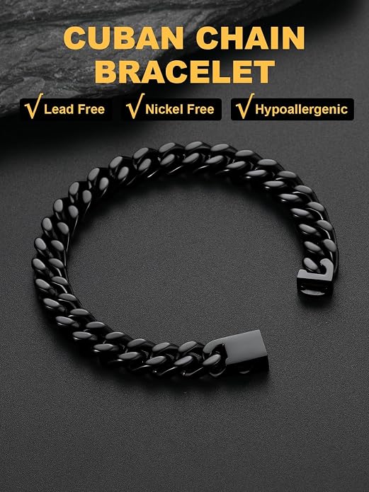 U7 Cuban Link Bracelets for Men Stainless Steel Wrist Bracelet Silver Black Gold Cuban Hand Chain Bracelet for Mens Women, 5/7/9/12mm Width, 7.5/8.3/9 Inch Length Classic Jewelry with Box Packed