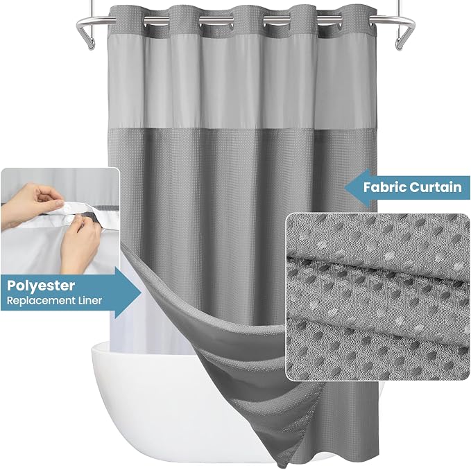 EUTXL Heavyweight Extra Long No Hook Shower Curtain with Snap in Liner,256GSM Waffle Weave Shower Curtains for Bathroom,71W x 92H,Grey